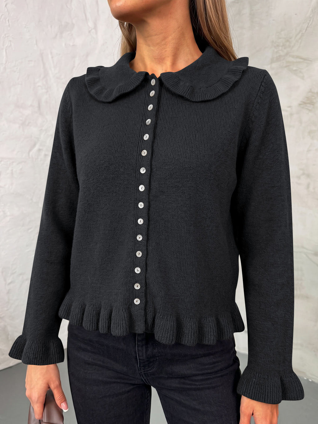 usvara Womens Ruffle Button Down Cardigan