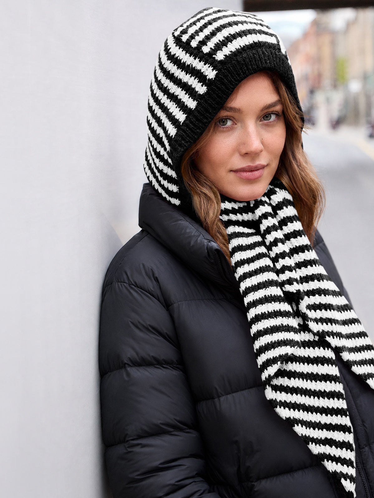 usvara Womens Striped Hooded Scarf Knit Hat