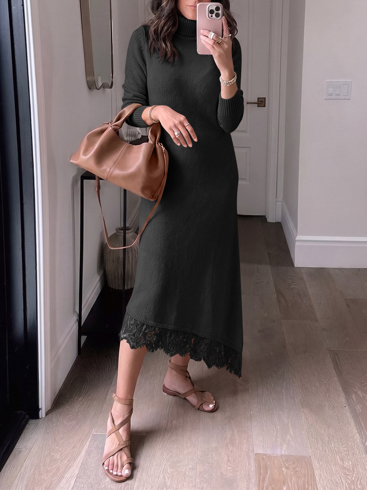 usvara Womens Lace Turtleneck Sweater Dress