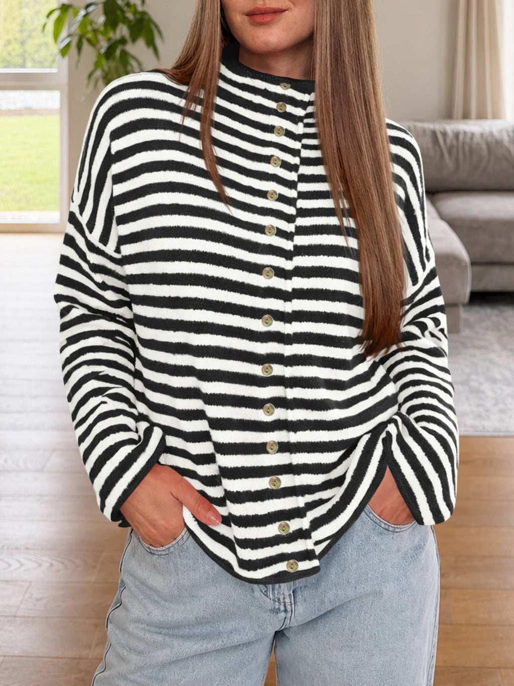 usvara Womens Striped Mock Neck Cardigan