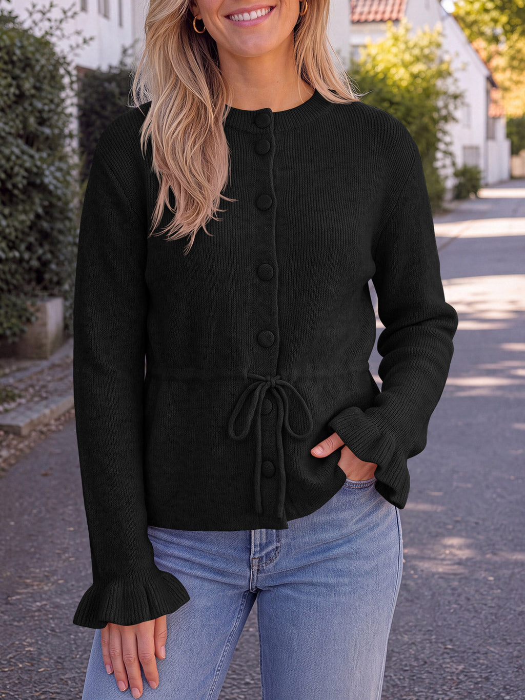 usvara Womens Ruffle Sleeve Button Tie Cardigans