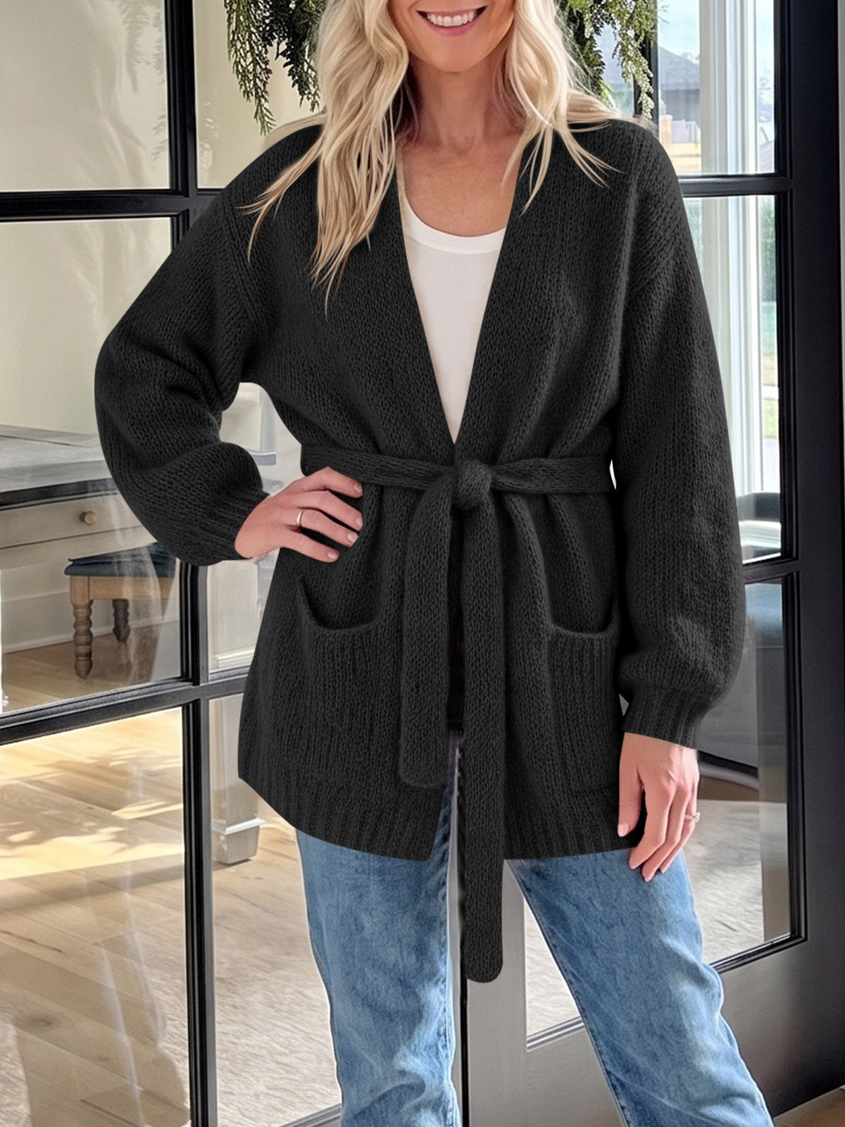 usvara Womens V Neck Belted Cardigan