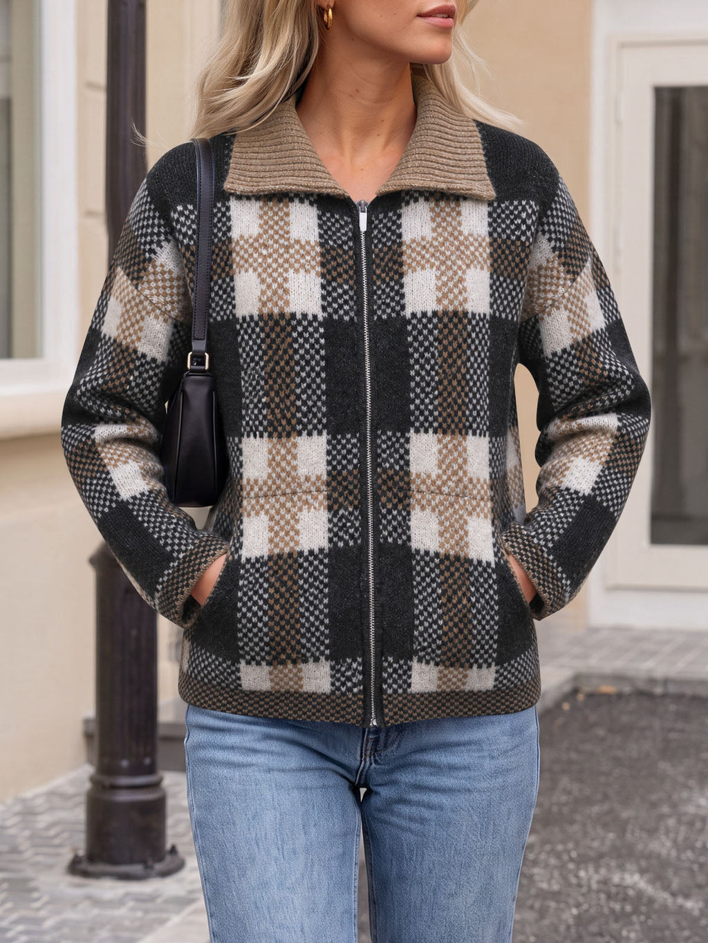 usvara Womens Plaid Color Block Zip Cardigan