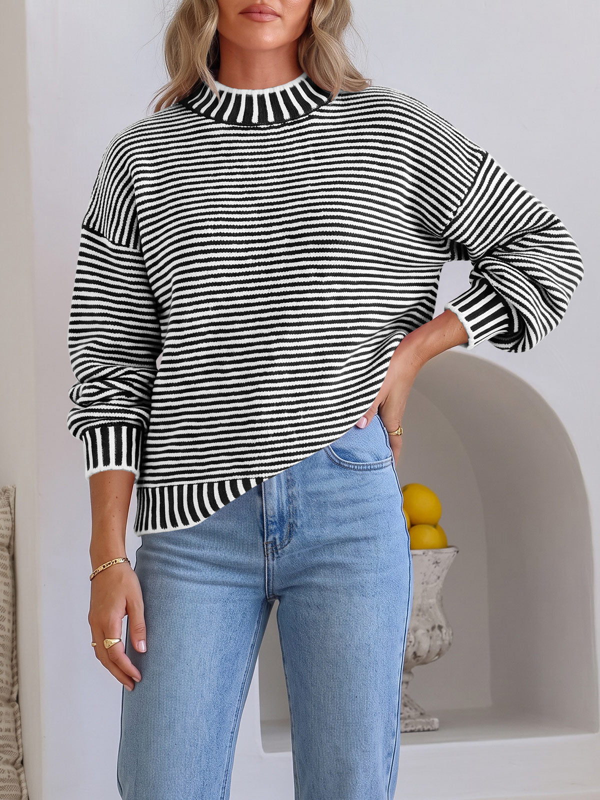 usvara Womens Striped Crew Neck Knit Sweater