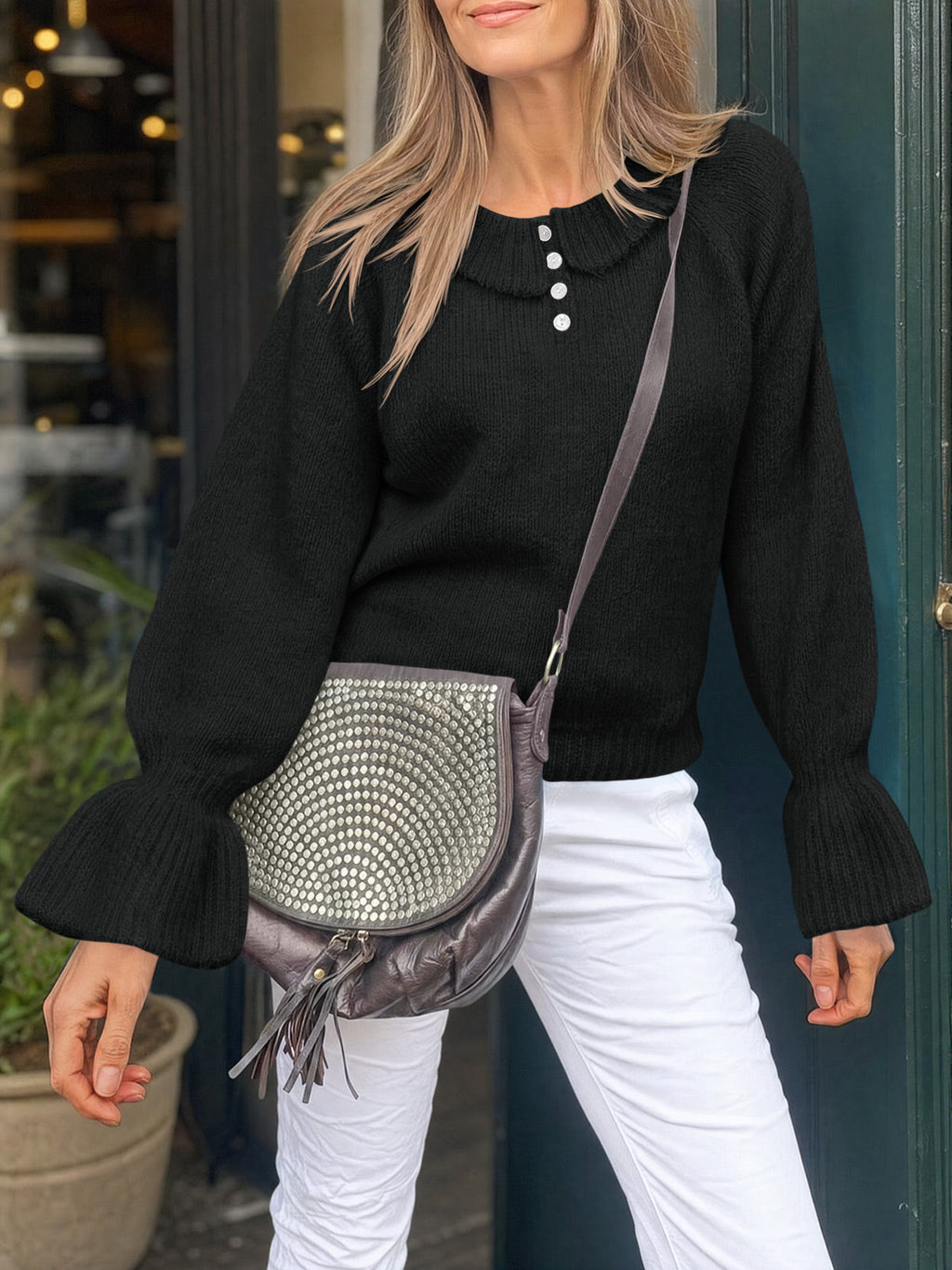 usvara Women Ruffle Collared Long Sleeve Sweater