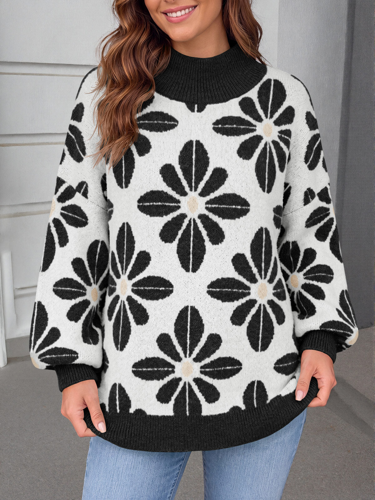 usvara Womens Floral Mock Neck Chunky Sweater