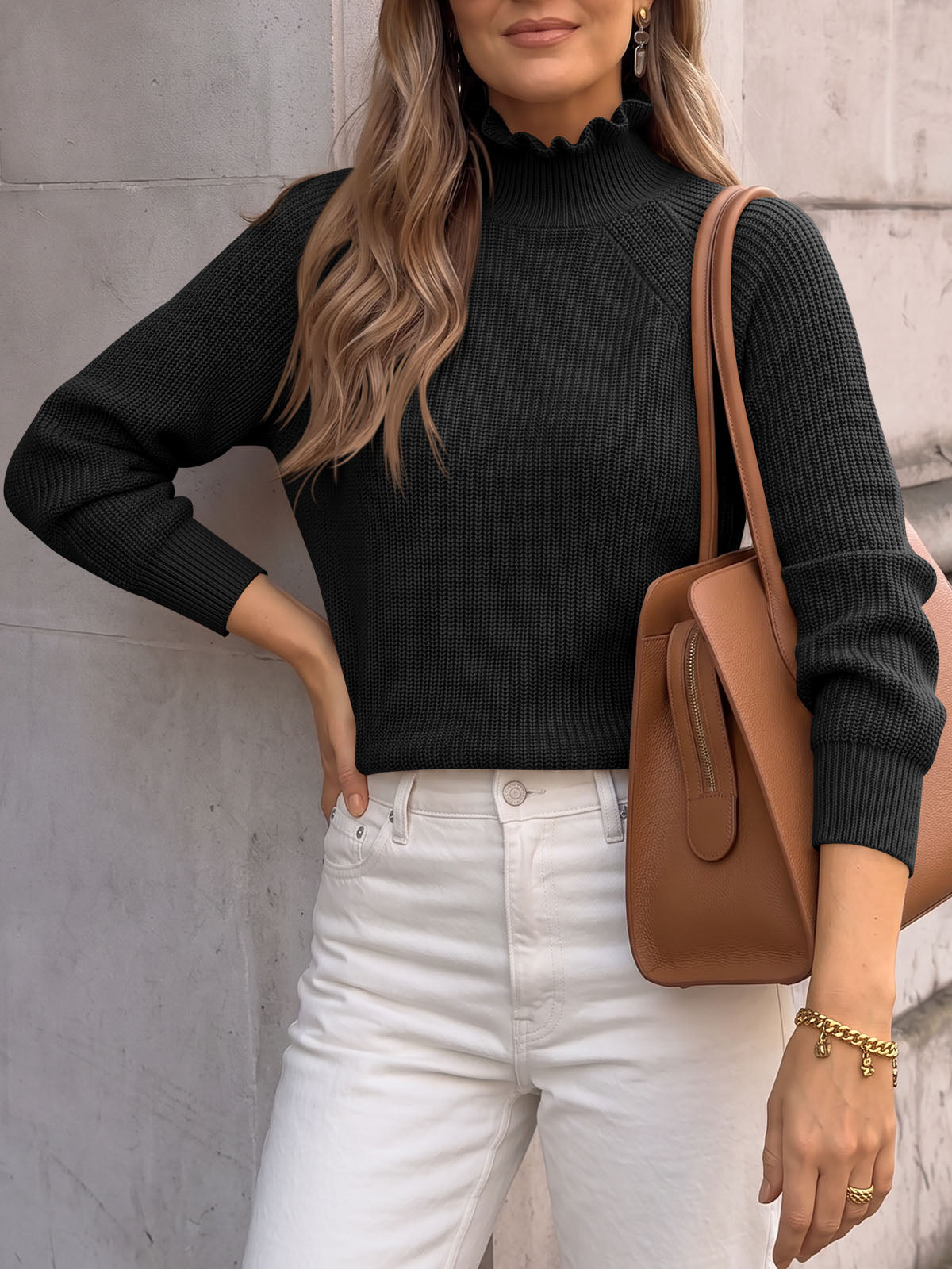 usvara Womens Ruffle Mock Neck Sweater