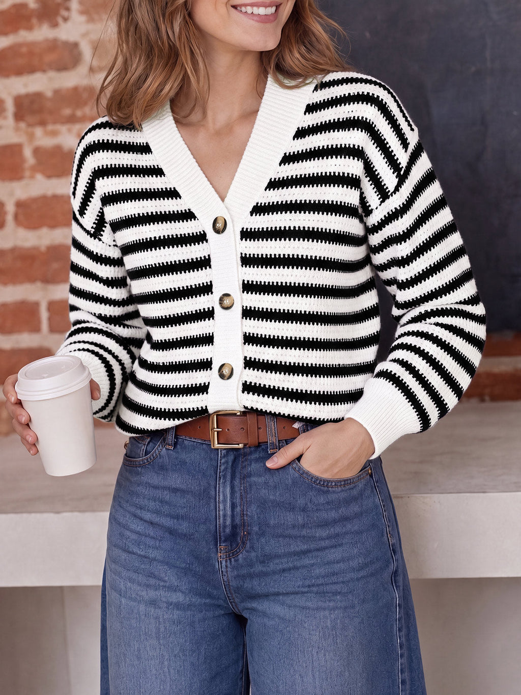 usvara Womens Striped V Neck Cardigan