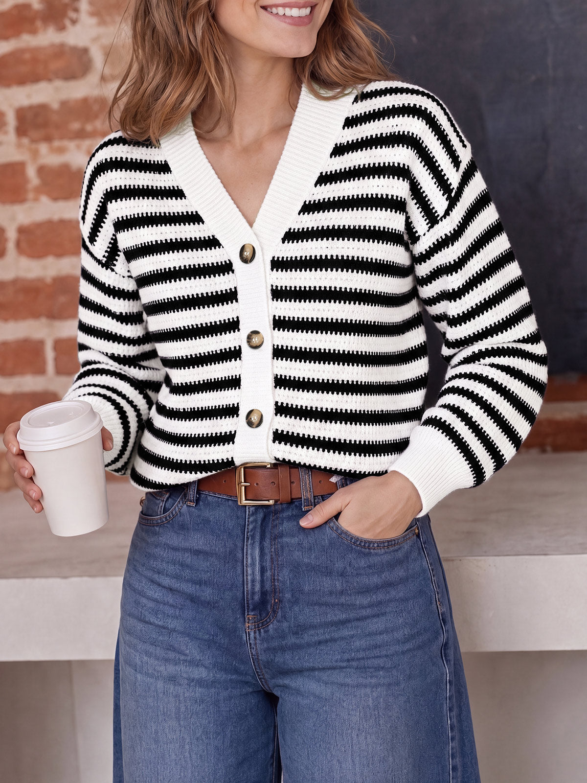 usvara Womens Striped V Neck Cardigan