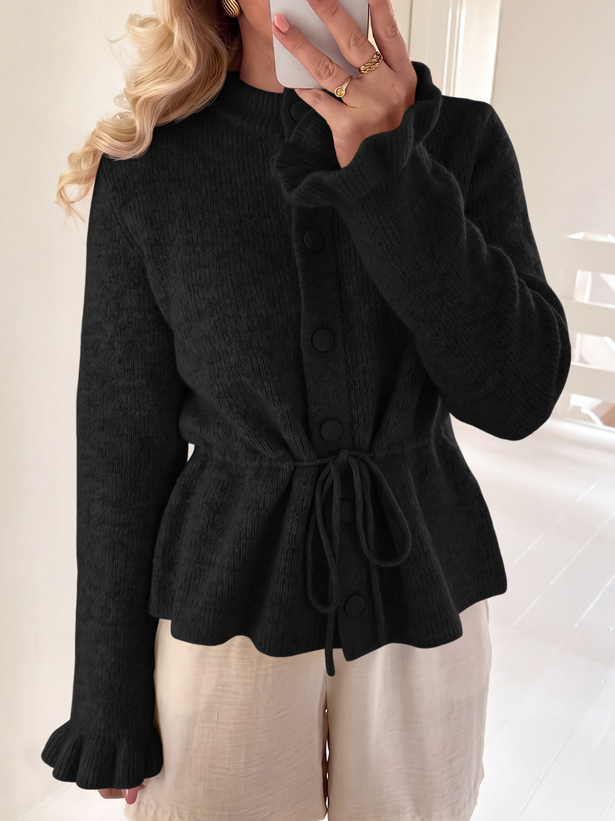 usvara Womens Ruffle Sleeve Button Tie Cardigans