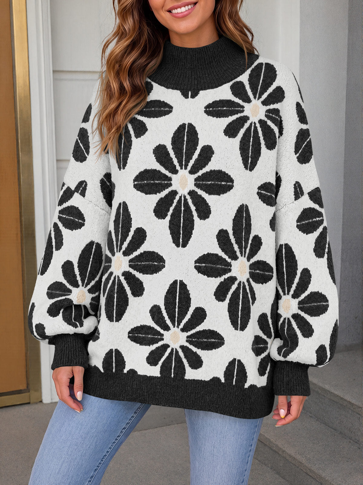usvara Womens Floral Mock Neck Chunky Sweater