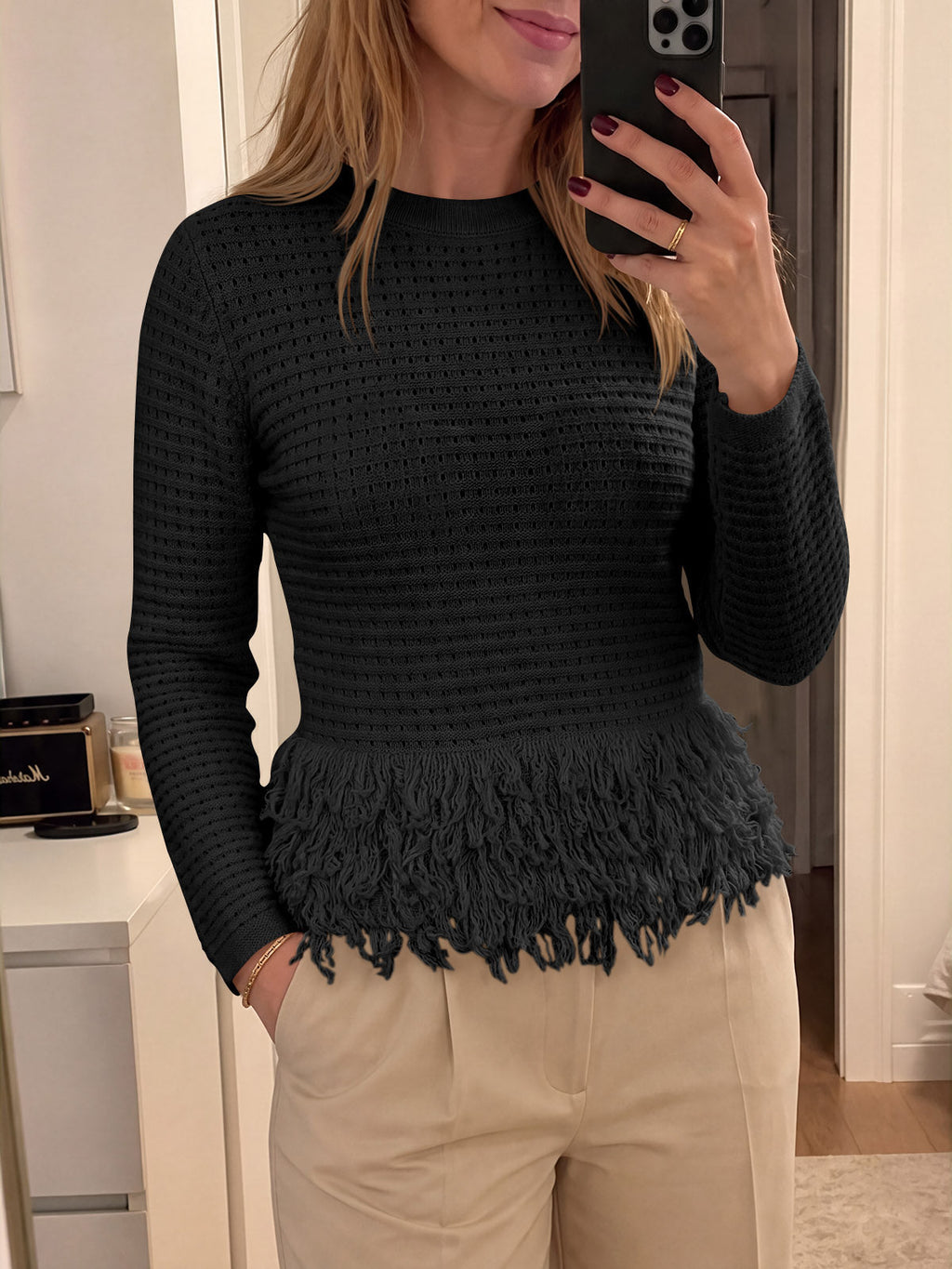 usvara Womens Crochet Fringe Crew Neck Sweater