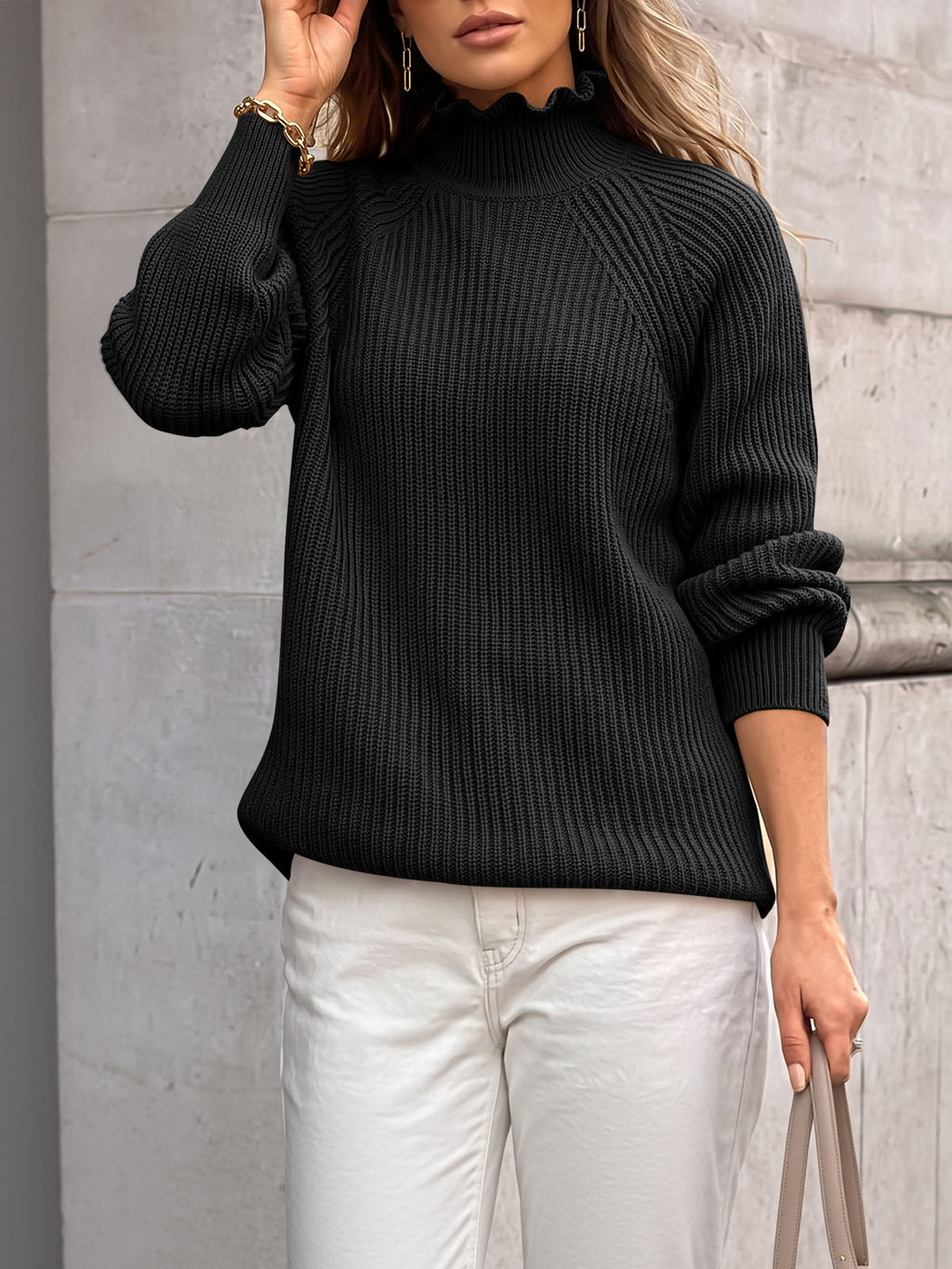 usvara Womens Ruffle Mock Neck Sweater