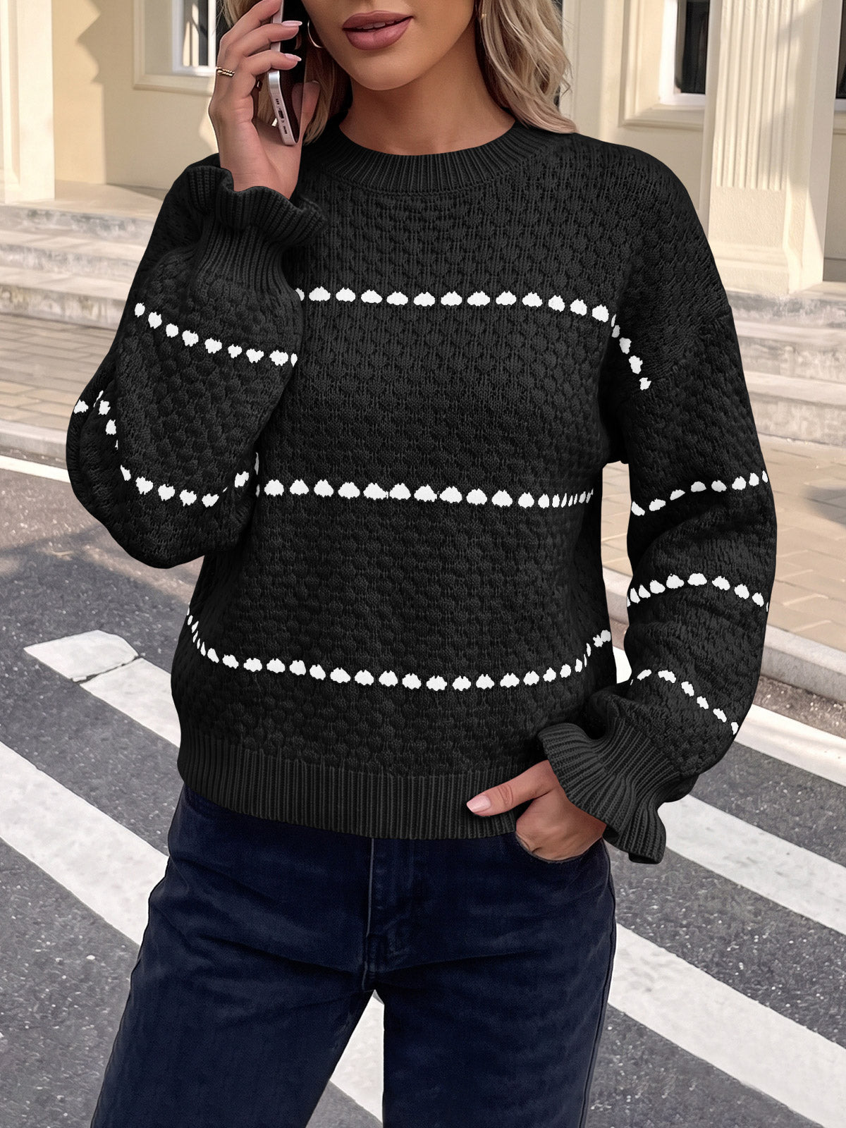 usvara Womens Heart Striped Ruffle Sweaters