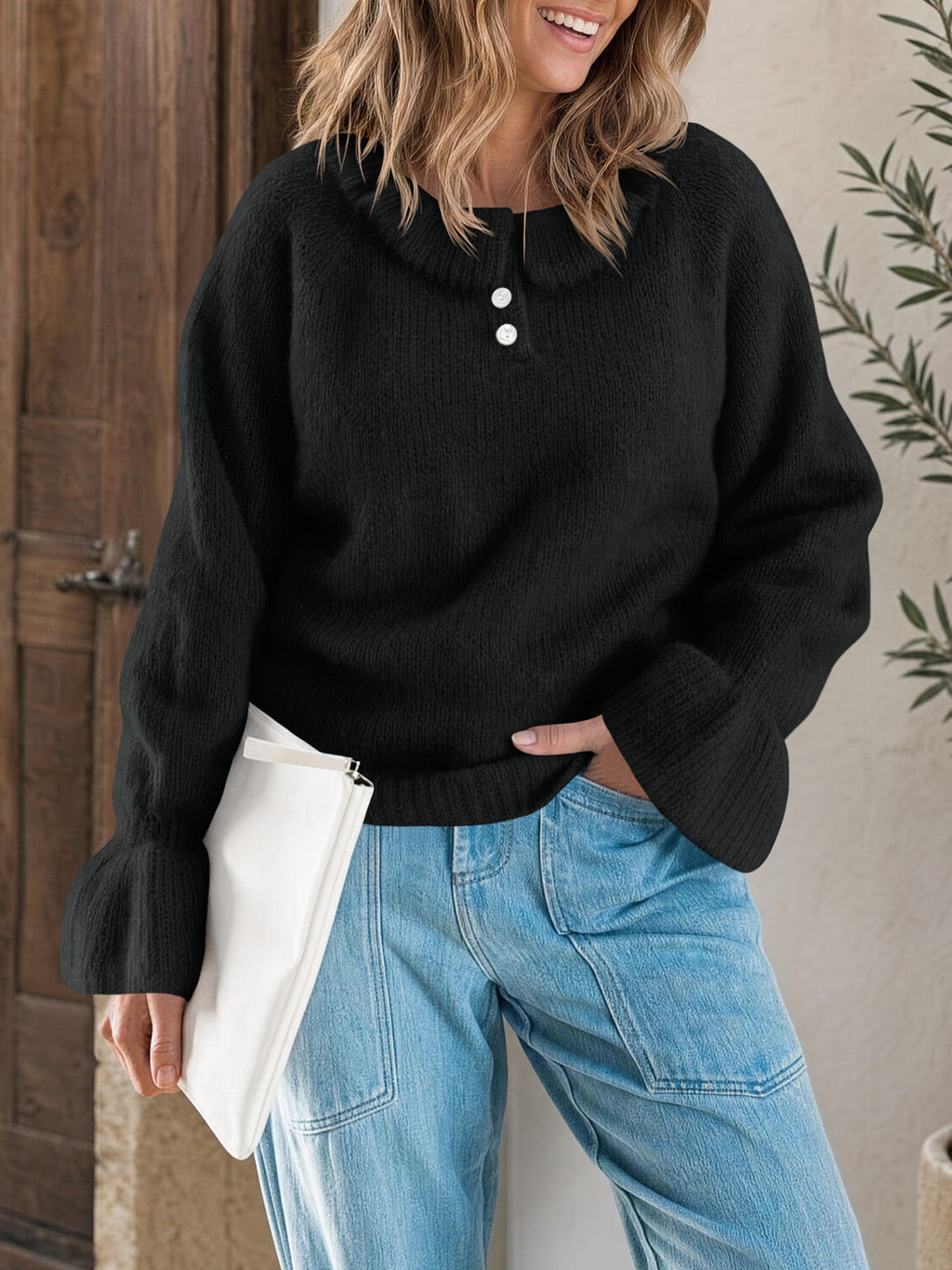 usvara Women Ruffle Collared Long Sleeve Sweater