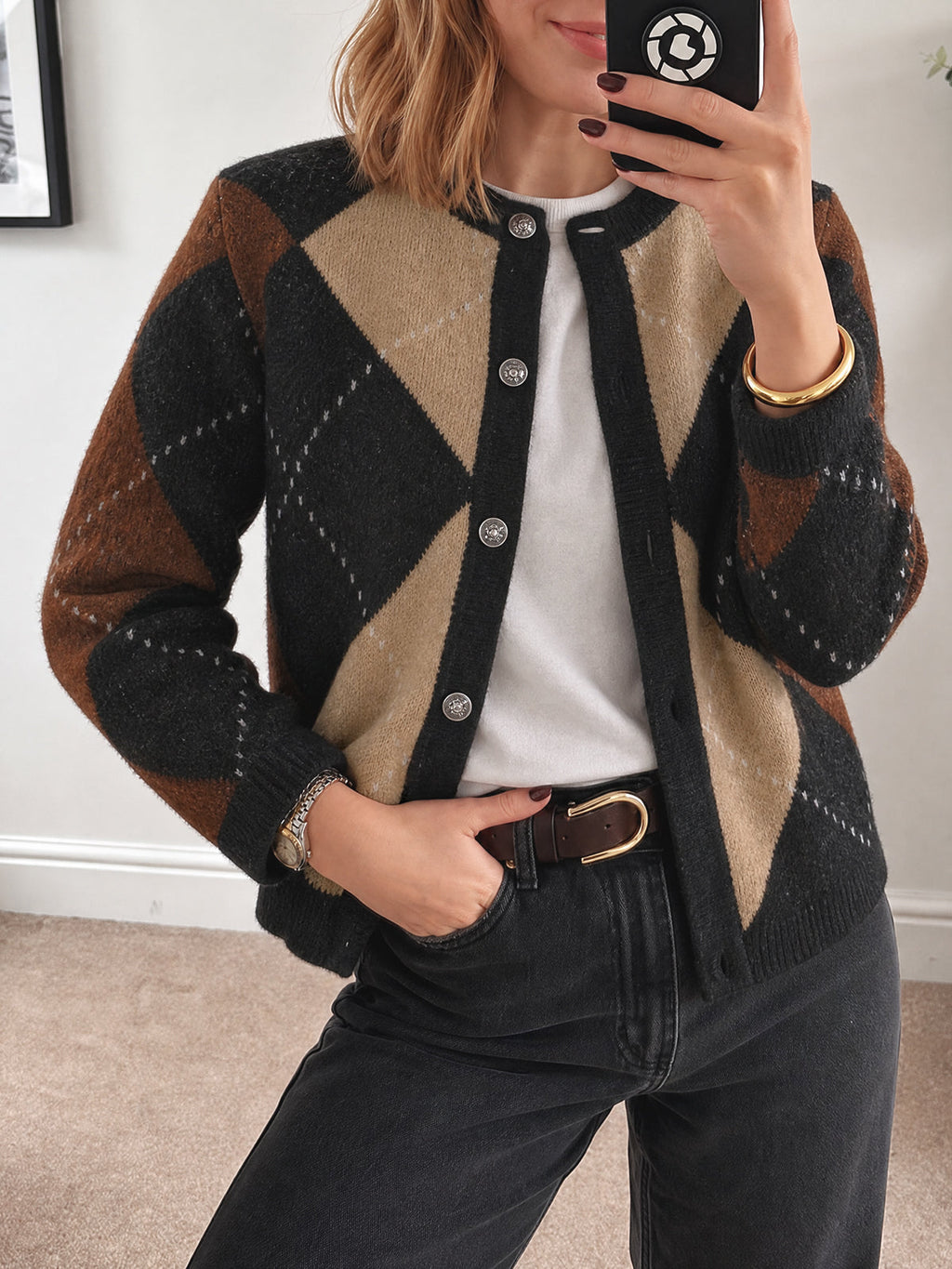 usvara Womens Argyle Crew Neck Knit Cardigan