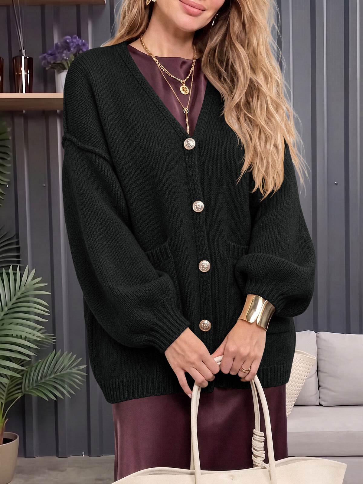 usvara Womens V Neck Loose Button Cardigan