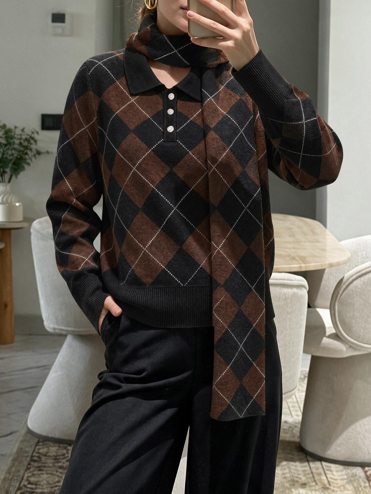 usvara Womens Argyle Color Block Polo Sweater