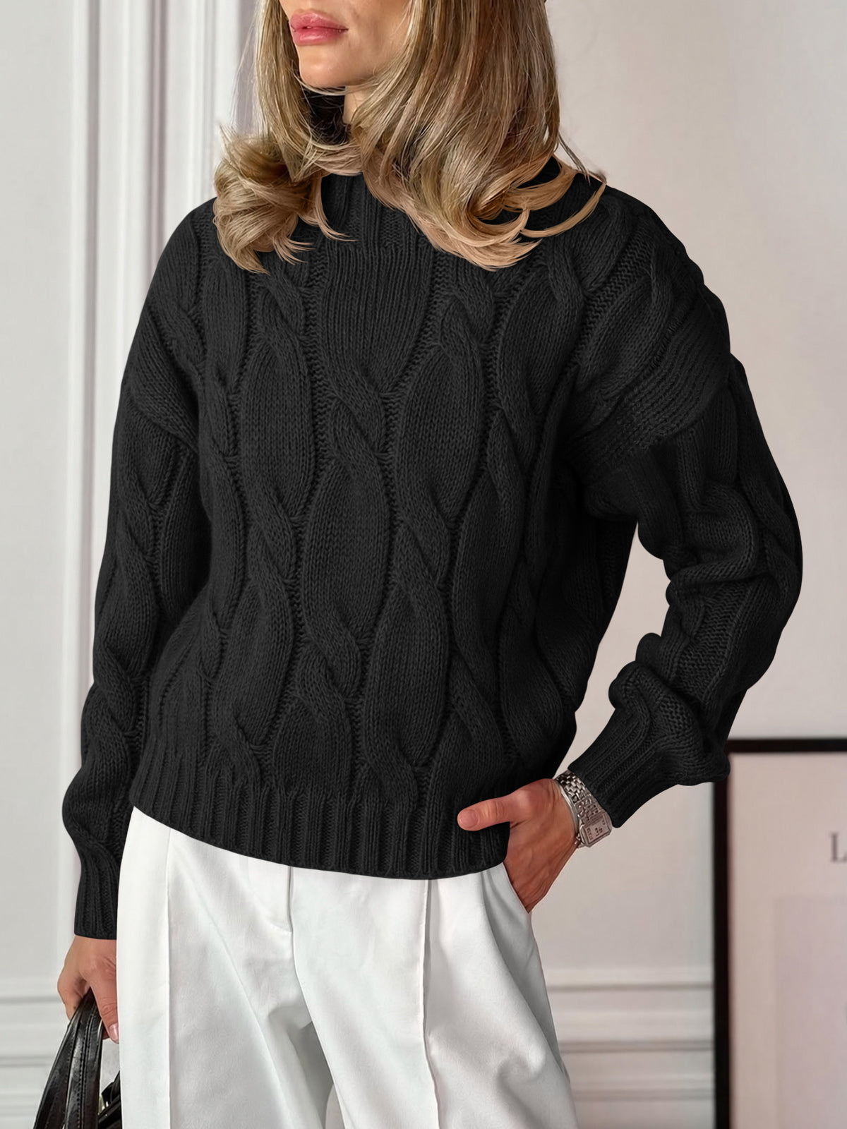 usvara Womens Mock Neck Cable Knit Sweater