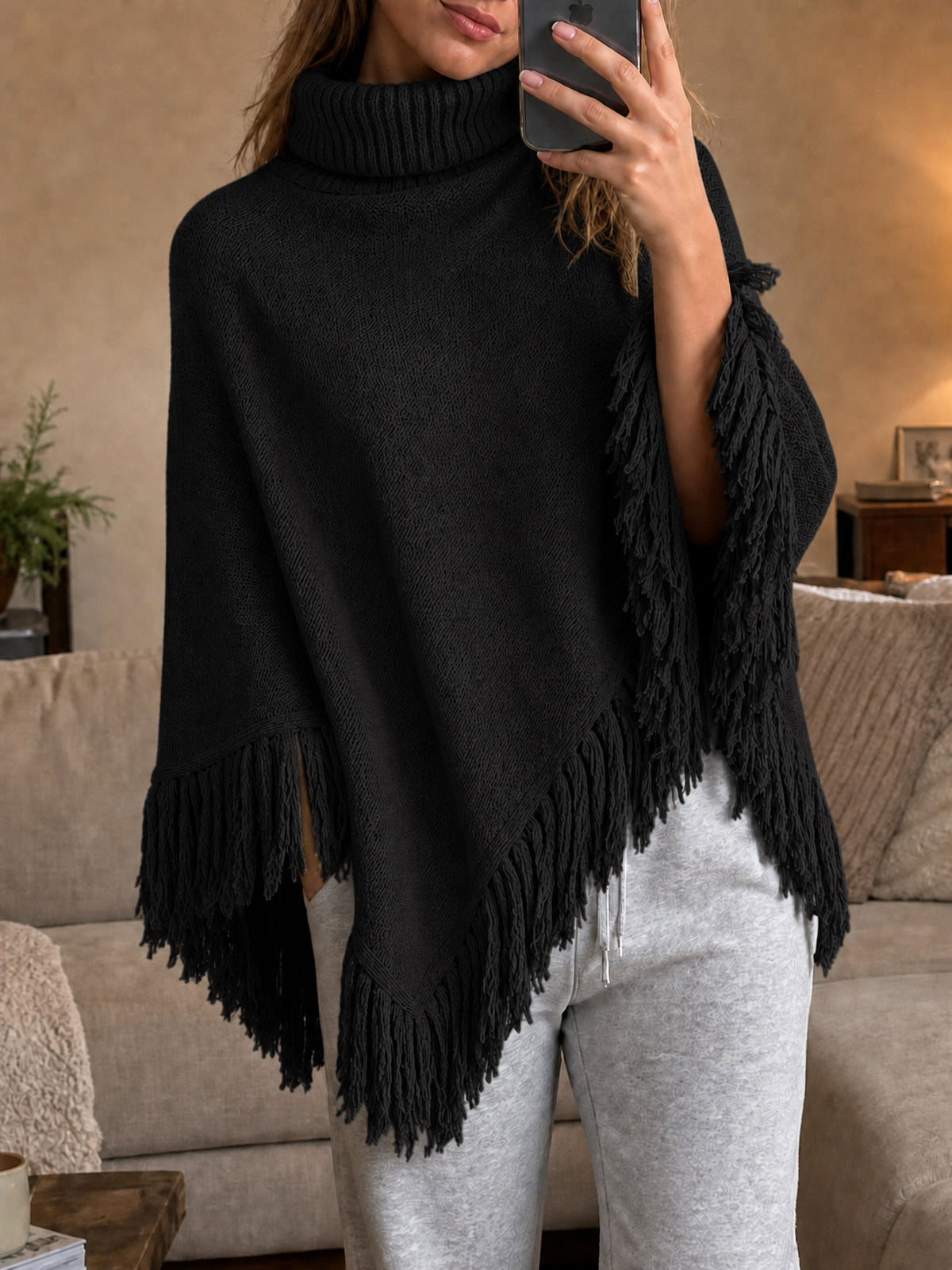 usvara Womens Fringe Turtleneck Poncho Sweater