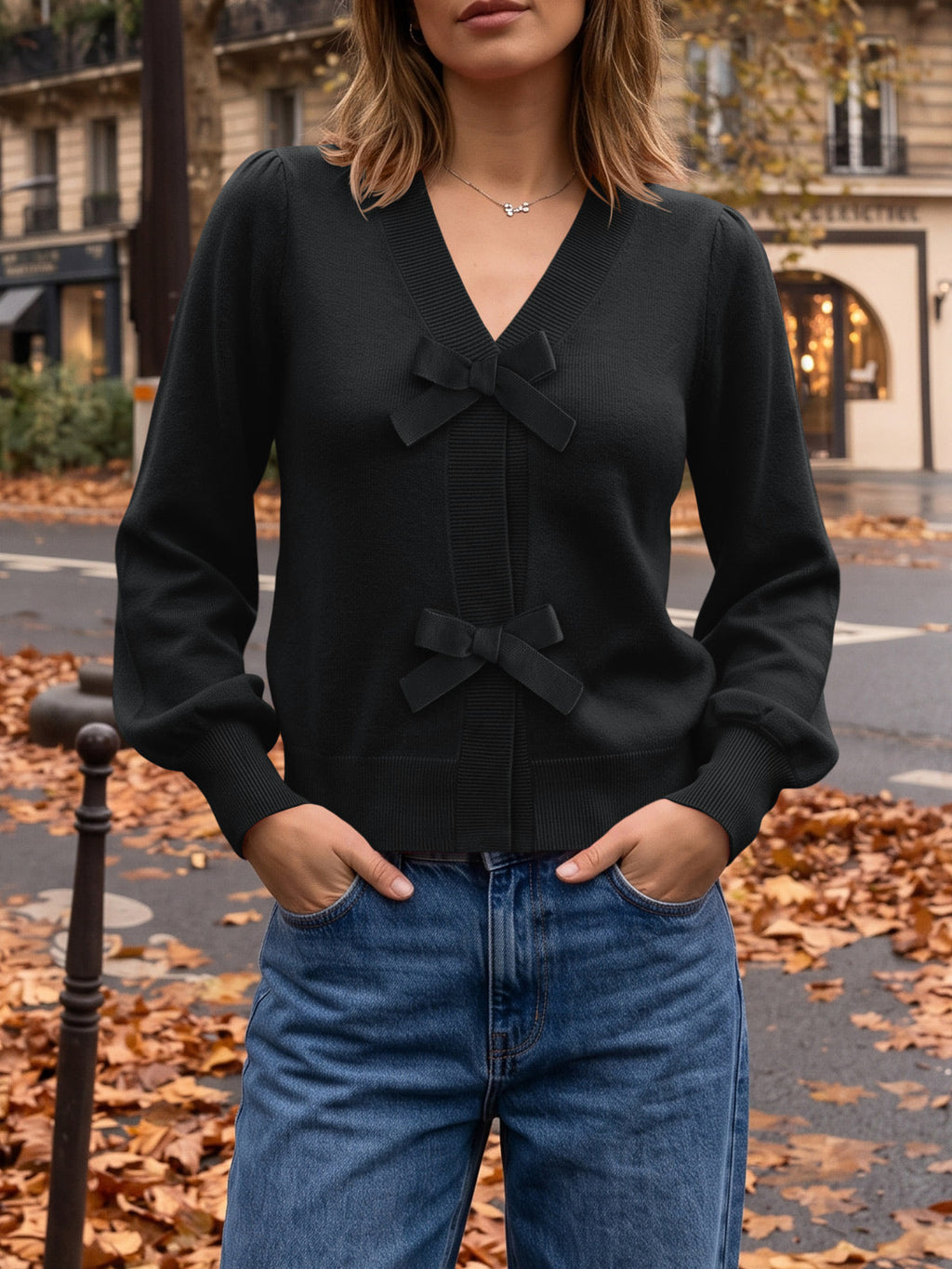 usvara Women V Neck Bow Knit Cardigan
