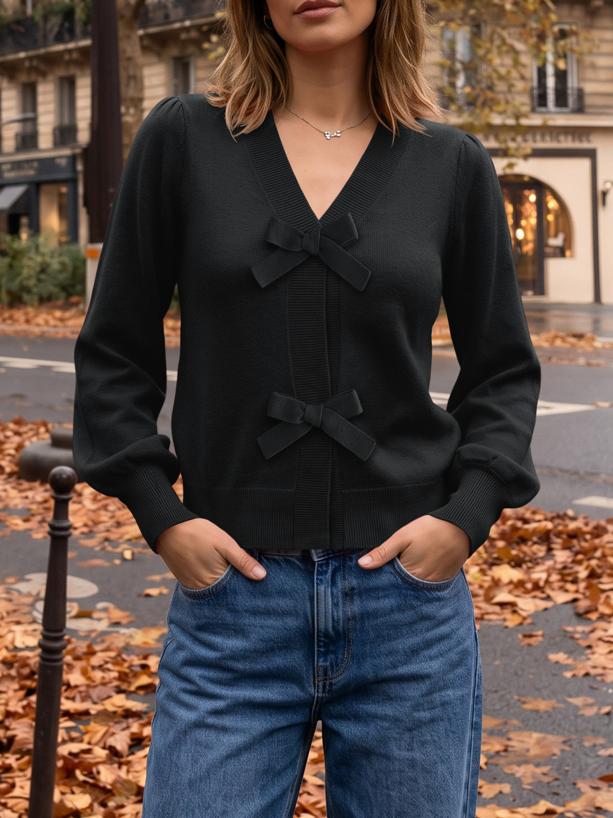 usvara Women V Neck Bow Knit Cardigan