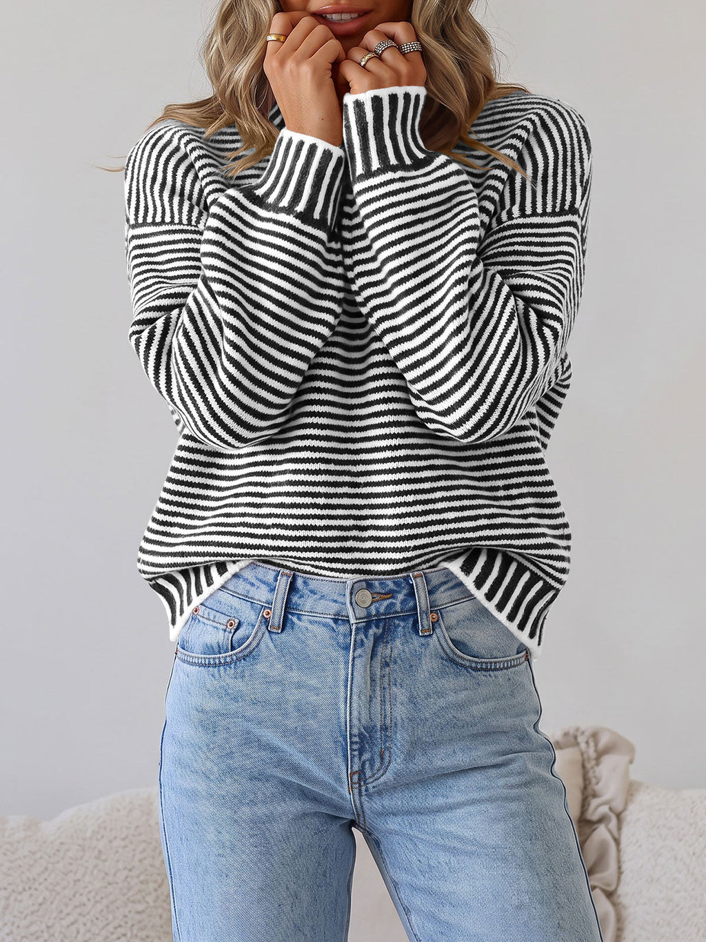 usvara Womens Striped Crew Neck Knit Sweater