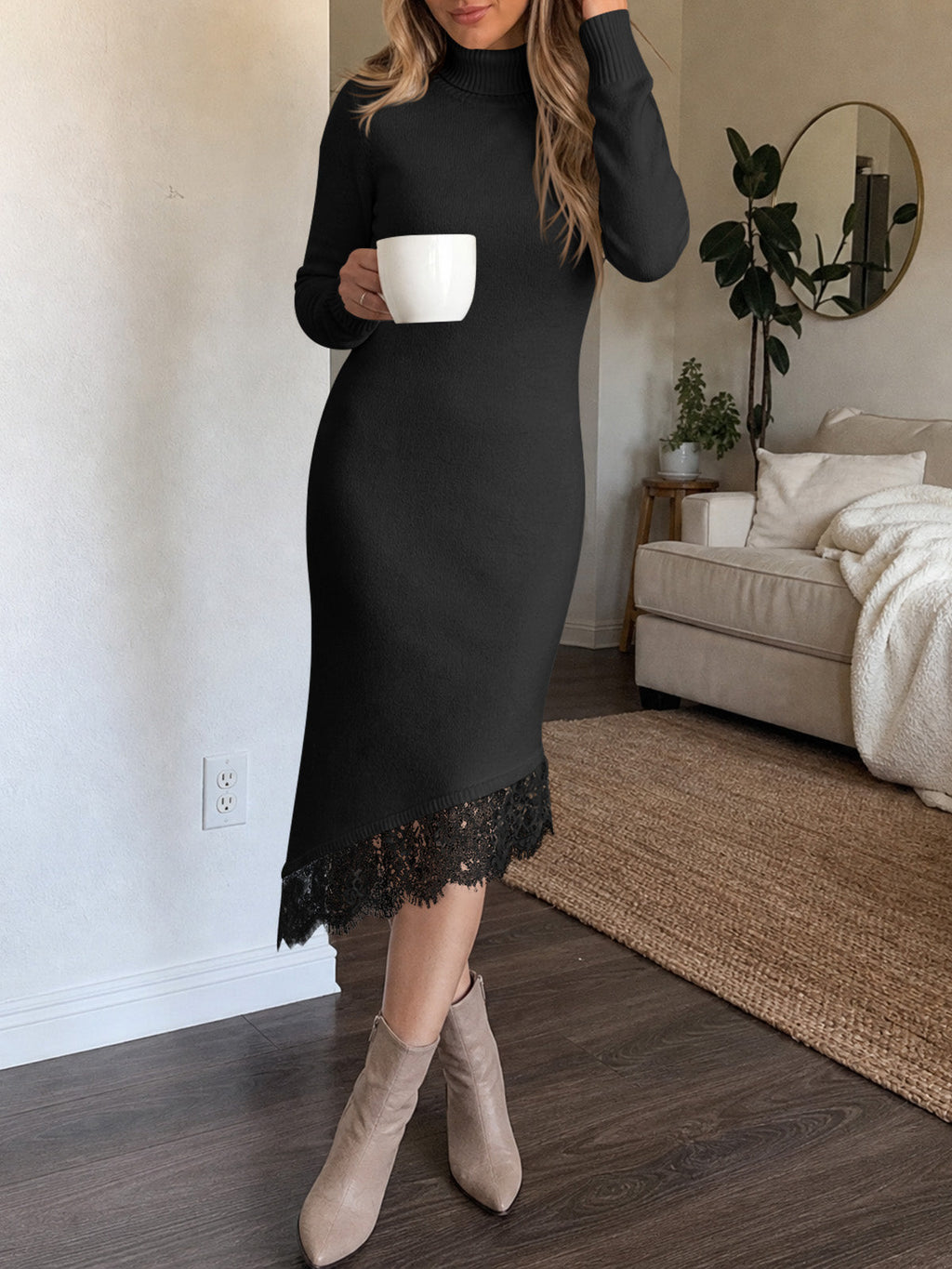 usvara Womens Lace Turtleneck Sweater Dress