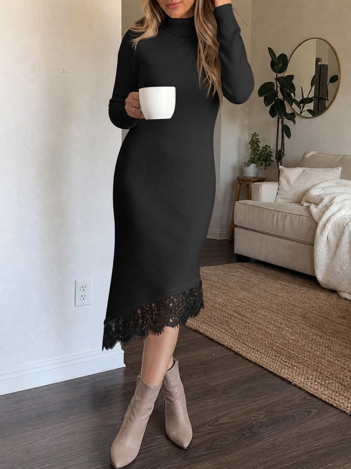 usvara Womens Lace Turtleneck Sweater Dress