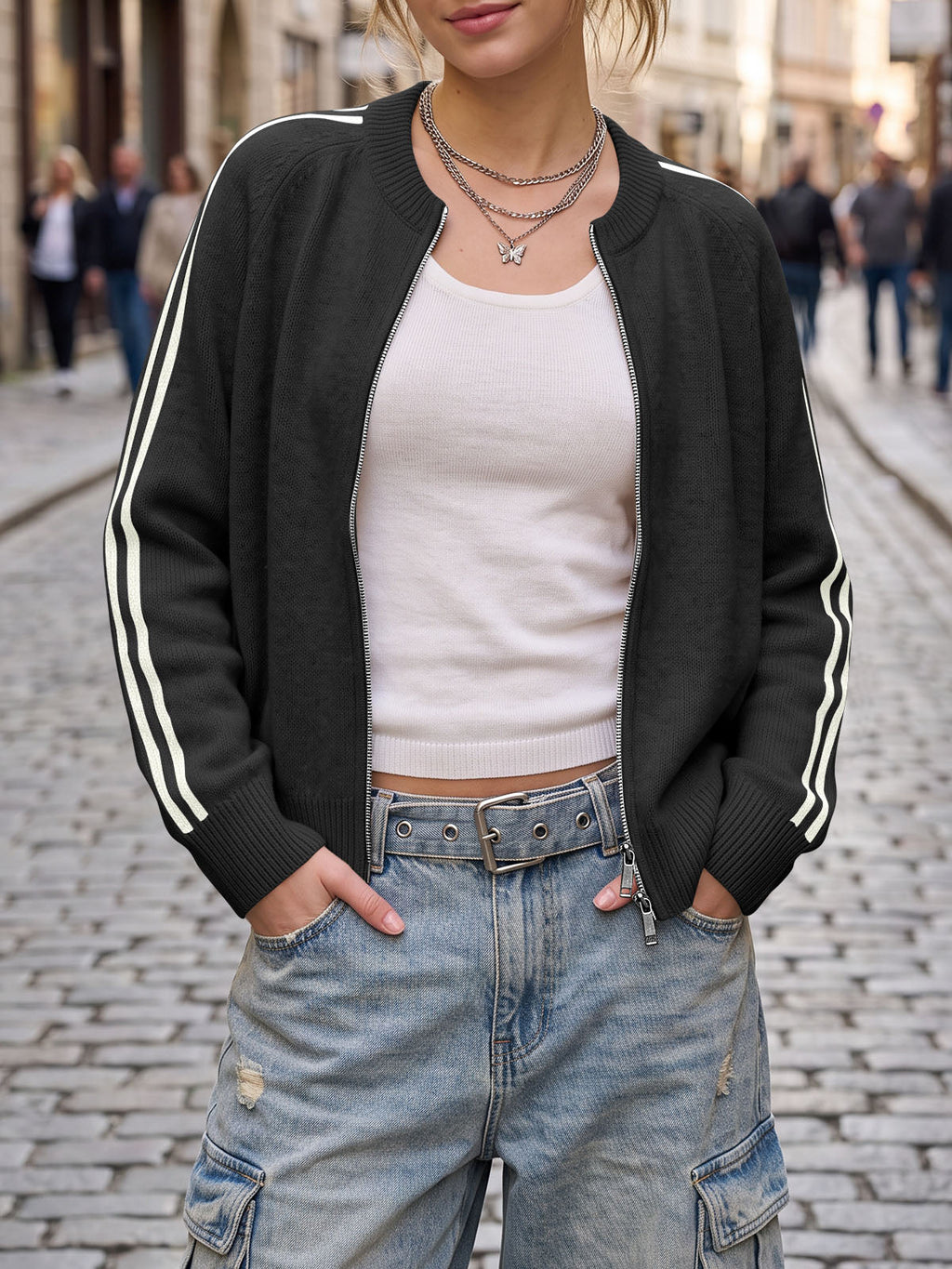 usvara Womens Zip Up Crew Neck Cardigan