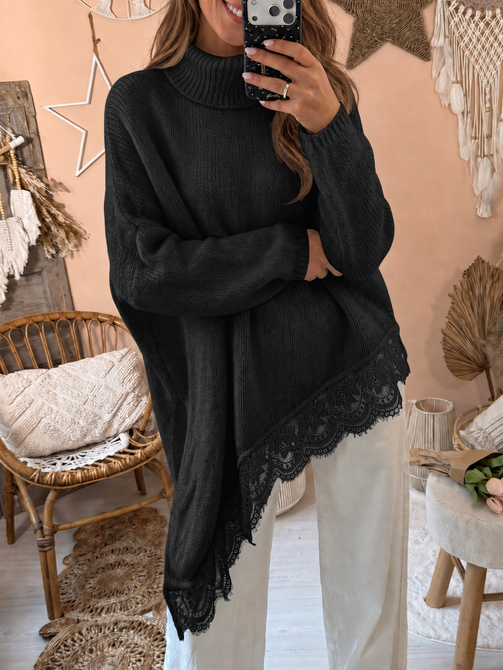 usvara Womens Oversized Batwing Sleeve Turtleneck Sweater