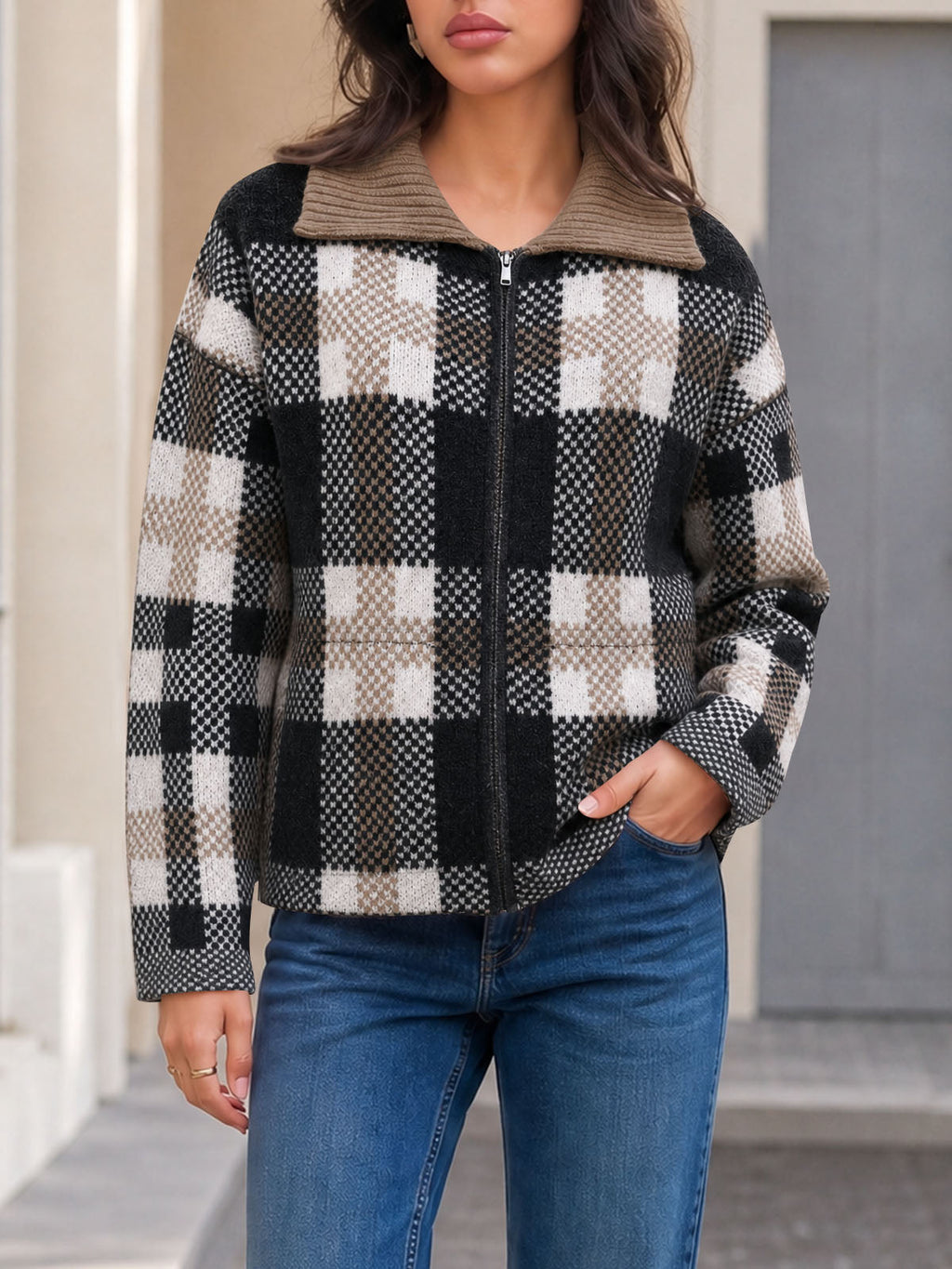 usvara Womens Plaid Color Block Zip Cardigan