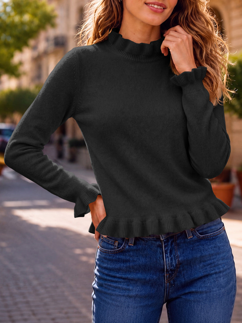usvara Women Ruffle Mock Neck Knit Sweater
