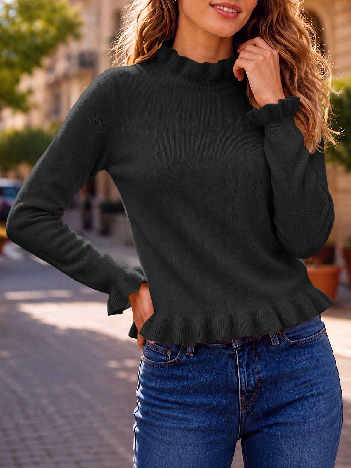 usvara Women Ruffle Mock Neck Knit Sweater