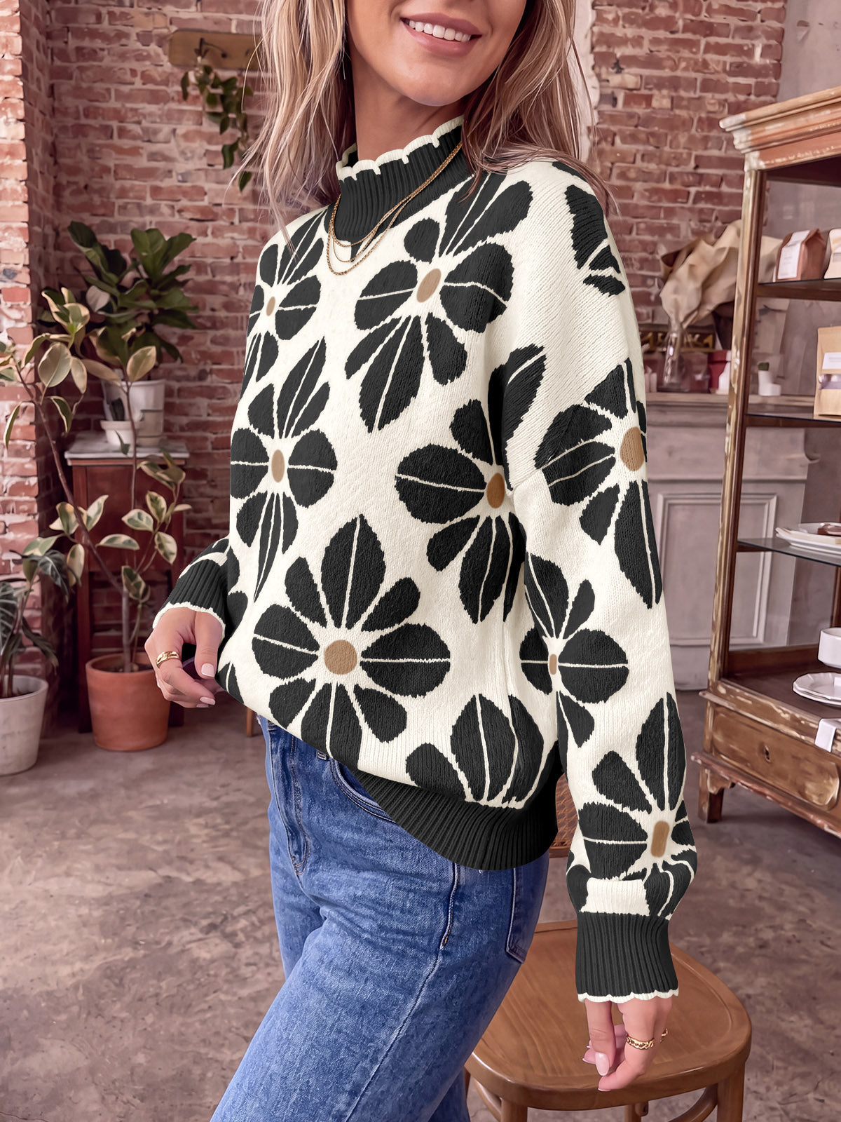 usvara Womens Mock Neck Floral Knit Sweater