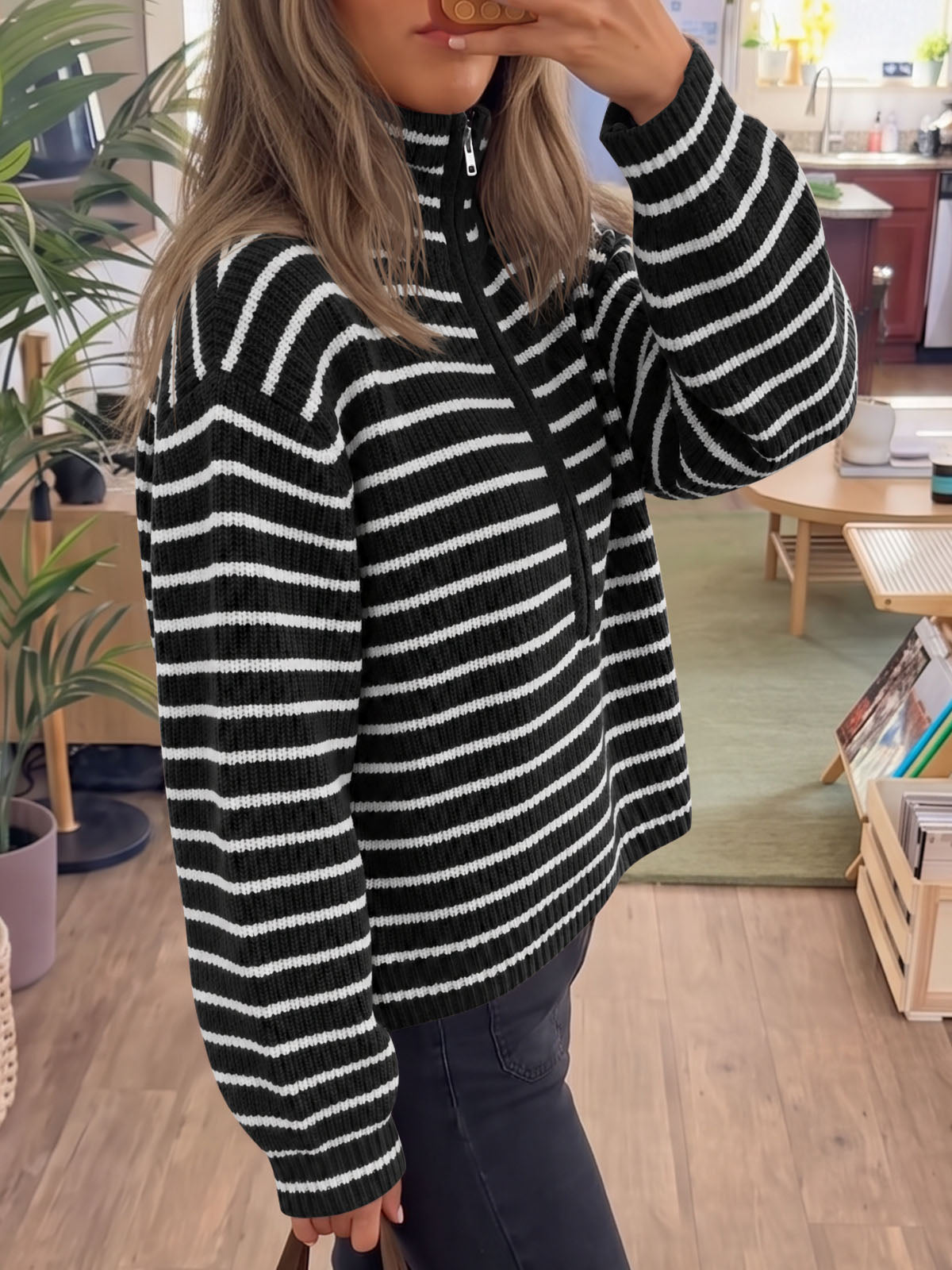 usvara Womens Striped Half Zip Sweater