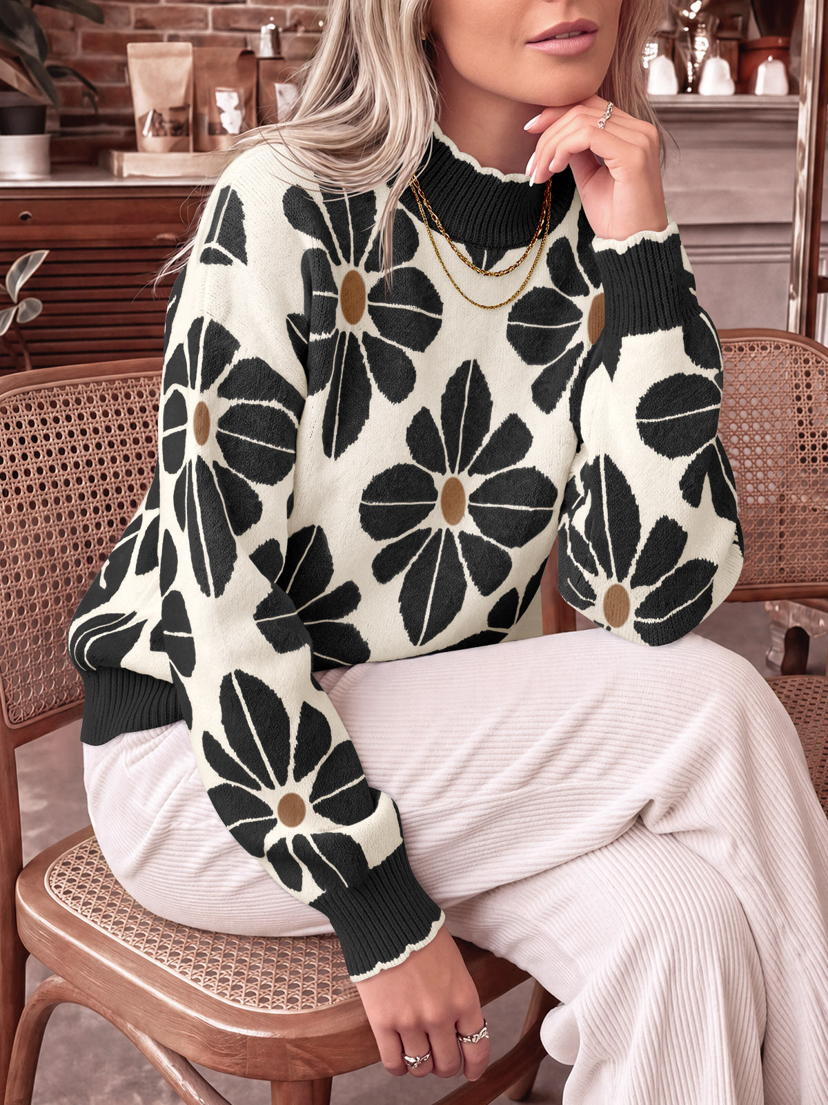 usvara Womens Mock Neck Floral Knit Sweater