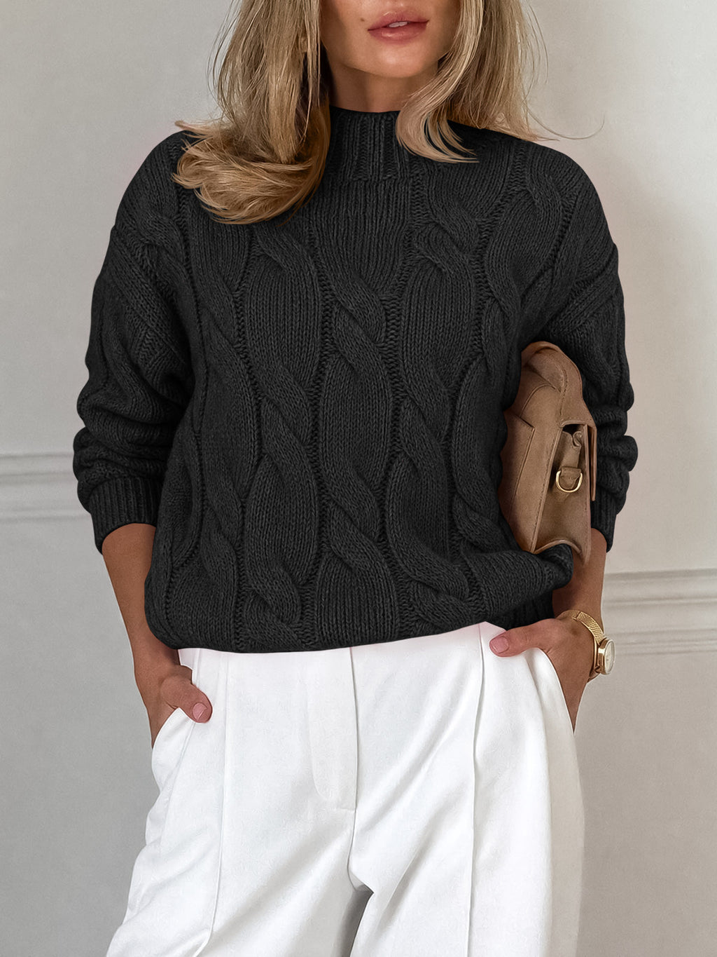 usvara Womens Mock Neck Cable Knit Sweater