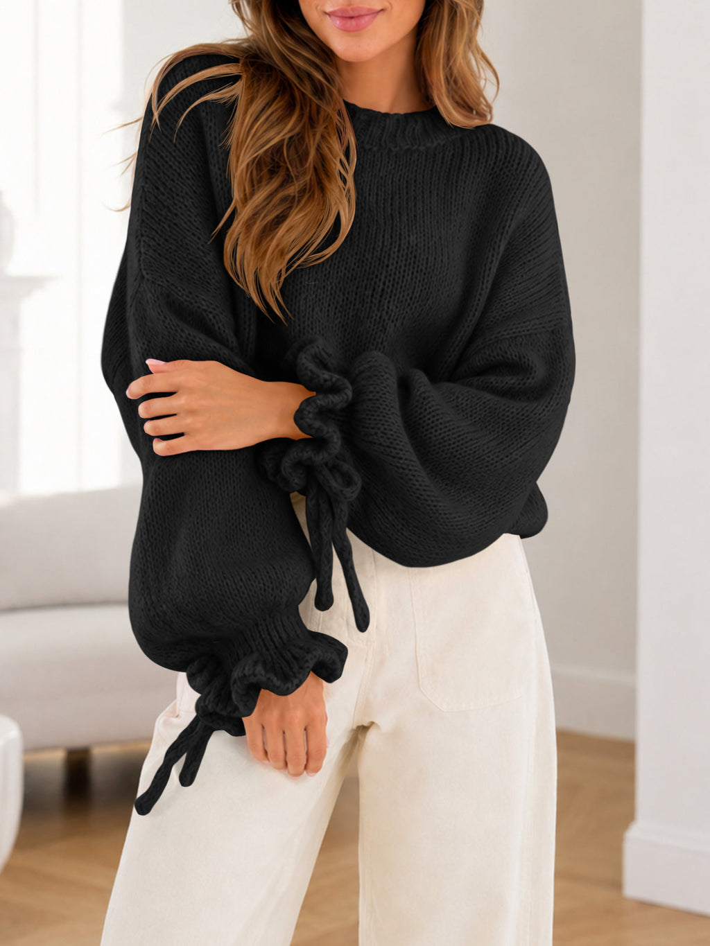 usvara Women Ruffle Long Sleeve Knit Sweater