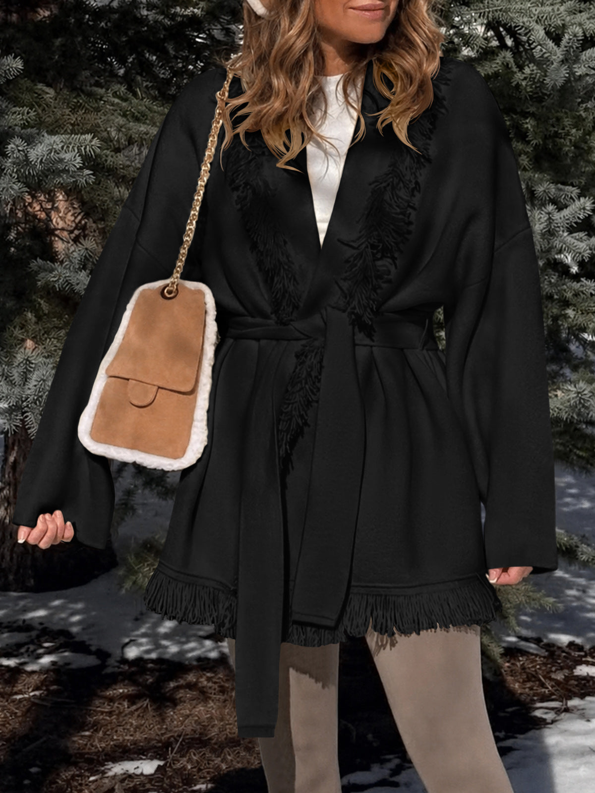 usvara Womens Tassel Fringe Lapel Cardigan