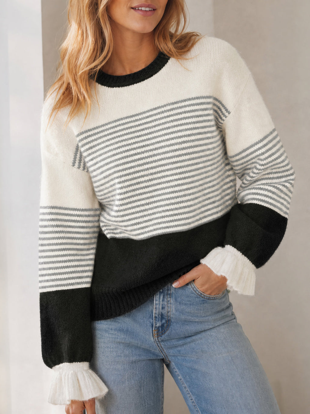 usvara Women Ruffle Sleeve Sweater