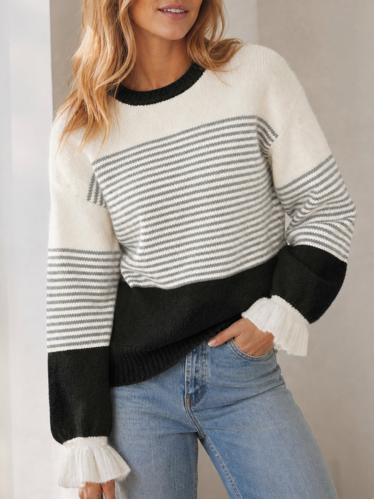 usvara Women Ruffle Sleeve Sweater