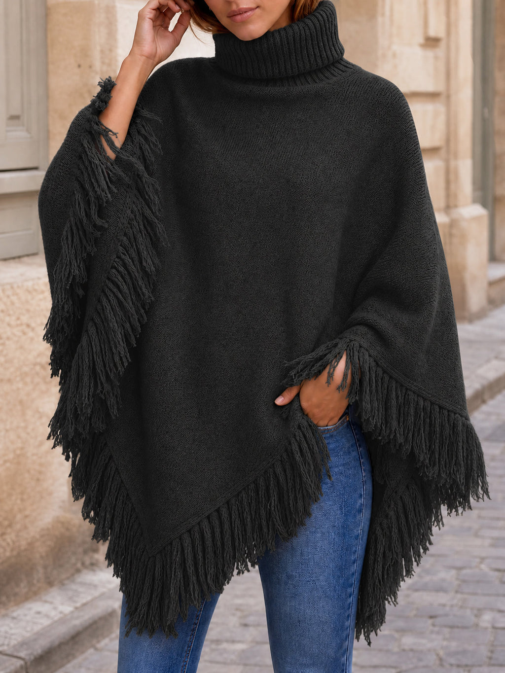 usvara Womens Fringe Turtleneck Poncho Sweater