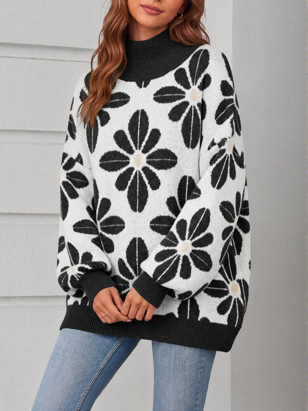 usvara Womens Floral Mock Neck Chunky Sweater