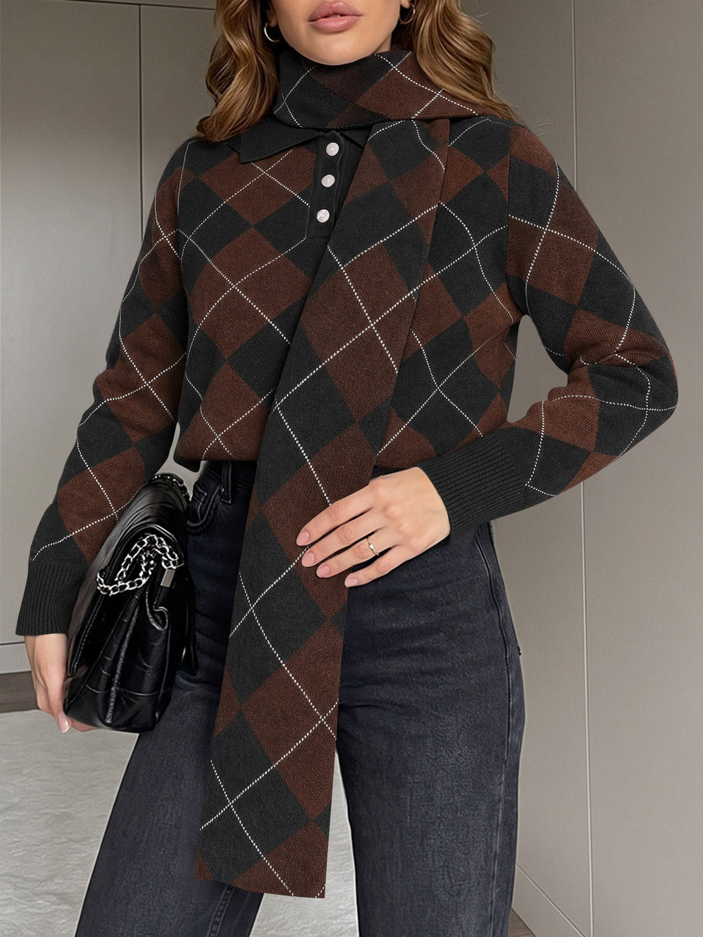 usvara Womens Argyle Color Block Polo Sweater