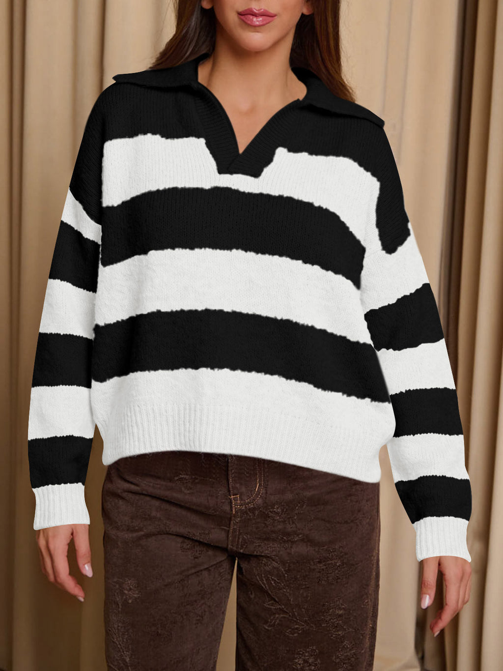 usvara Womens Striped Polo V Neck Sweaters