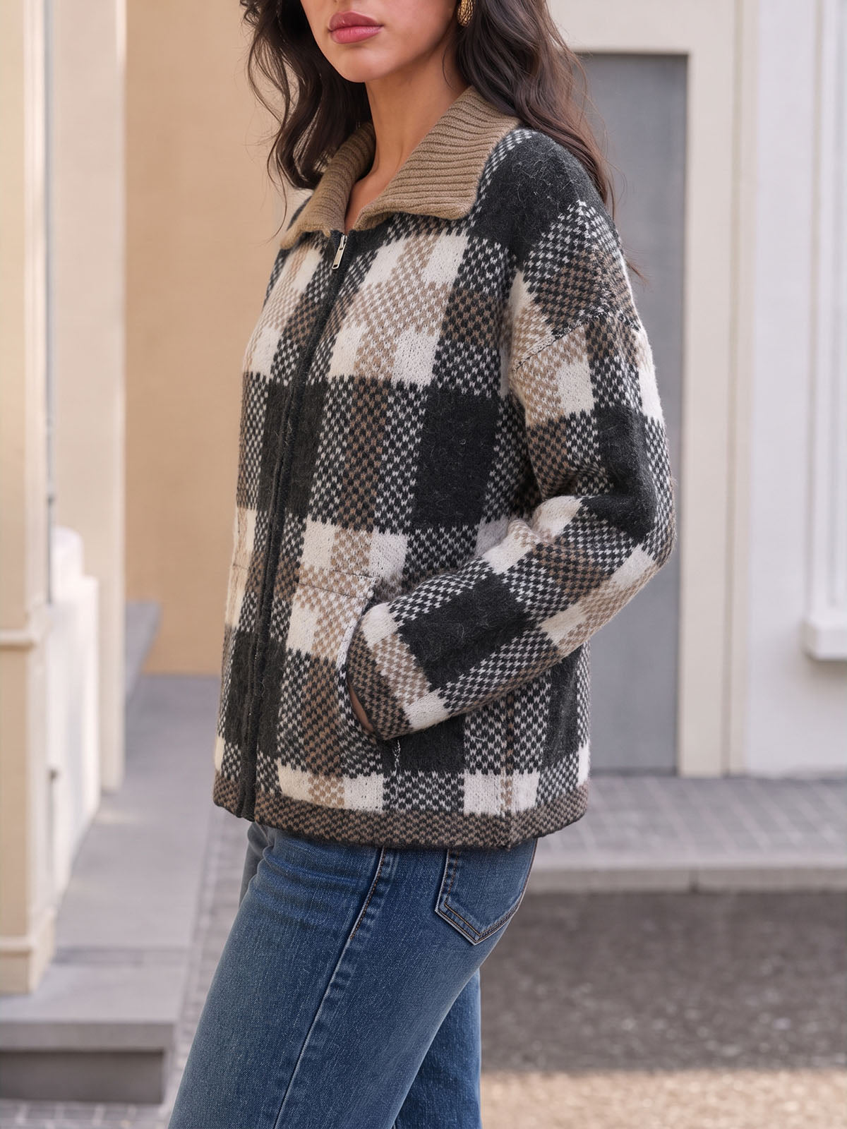 usvara Womens Plaid Color Block Zip Cardigan