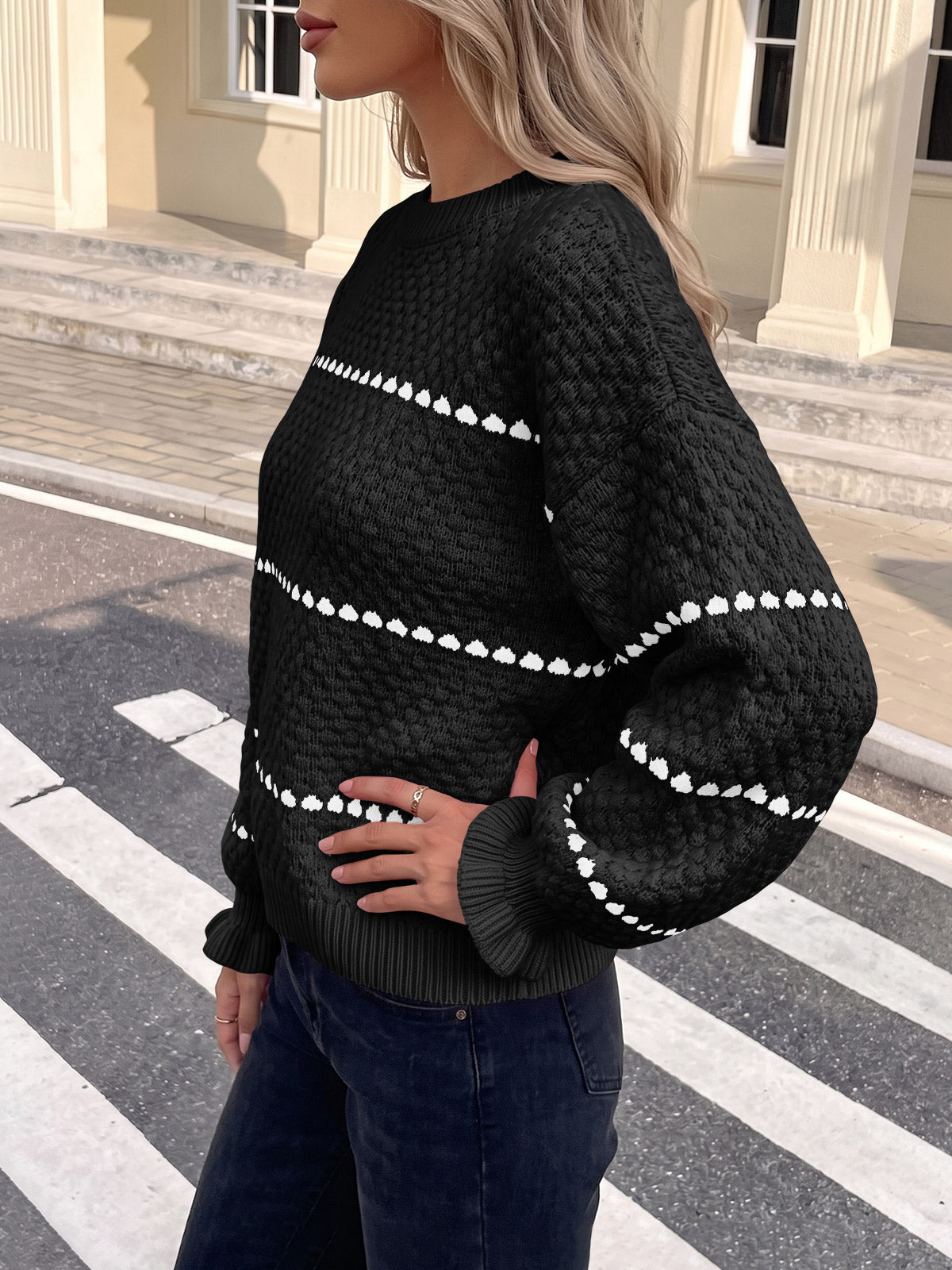 usvara Womens Heart Striped Ruffle Sweaters