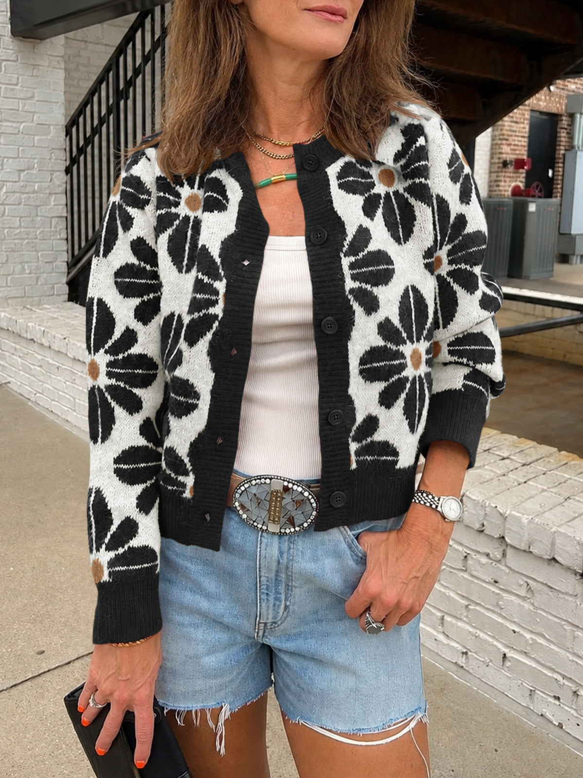 usvara Womens Floral Button Up Vintage Sweater