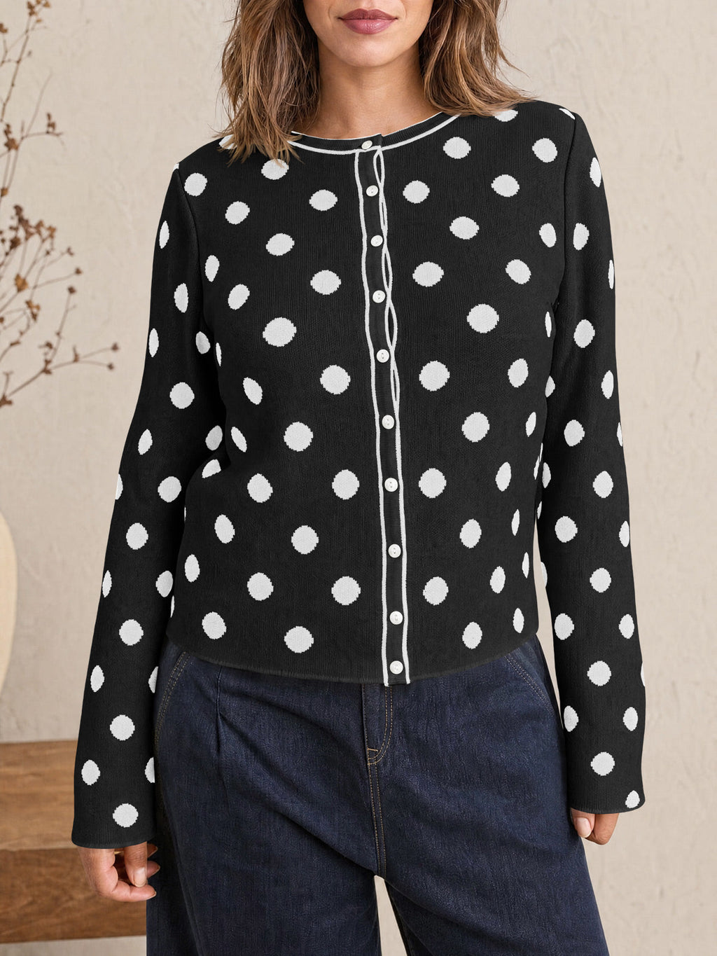 usvara Womens Polka Dot Button Up Cardigan